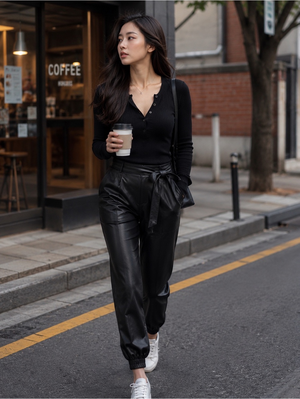Women’s Black Faux Leather Tie-Waist Jogger Pants